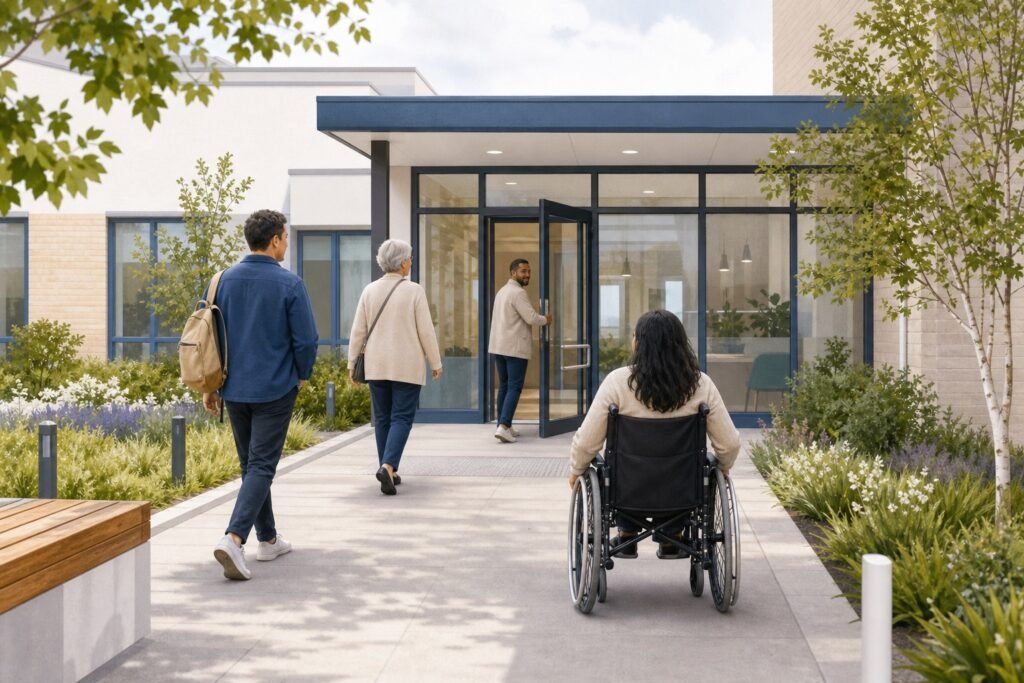 Patients using a level-access route into a health centre