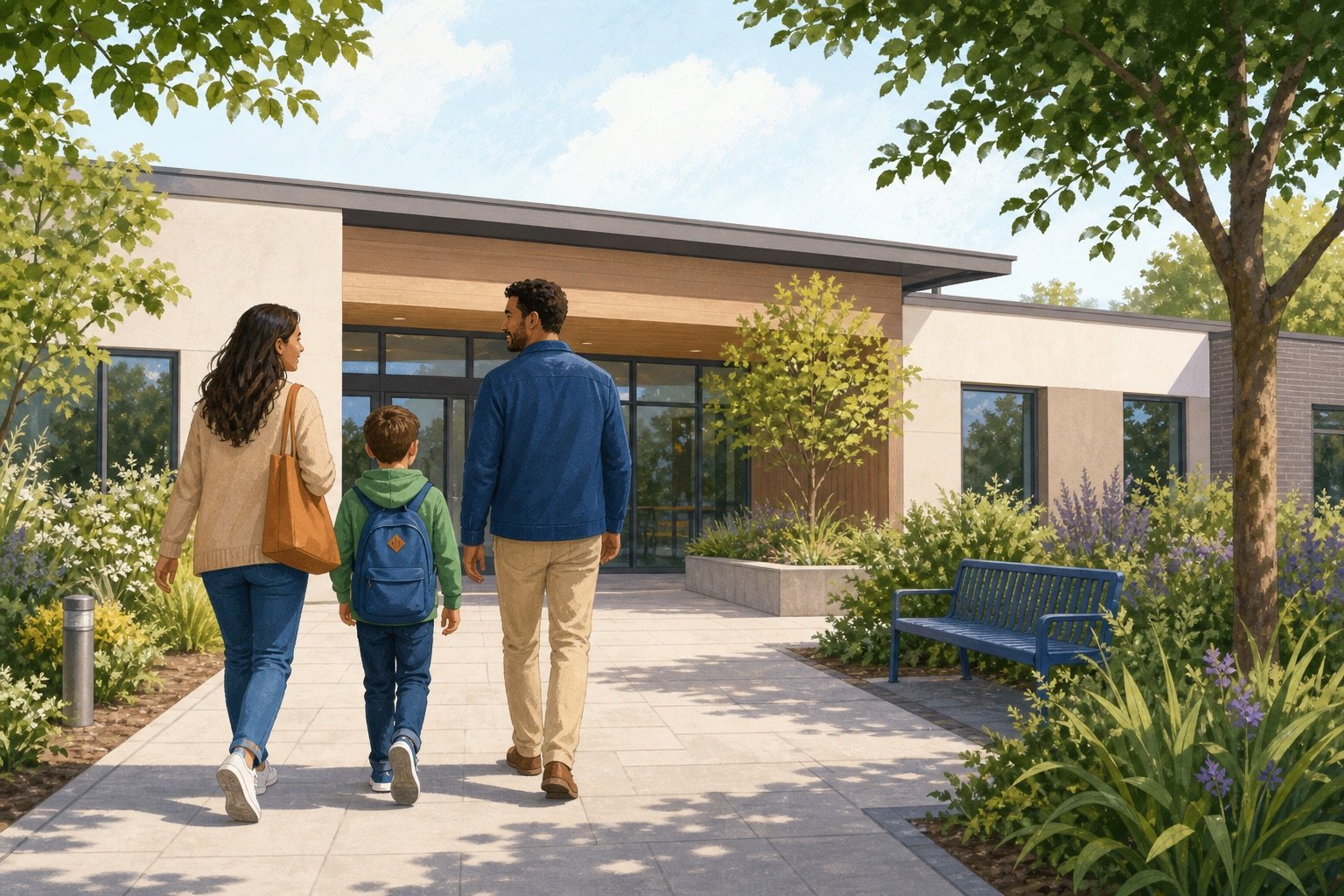A family walking towards a community health building