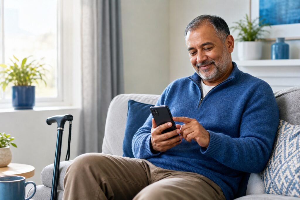 A patient using a smartphone at home with a walking stick beside them