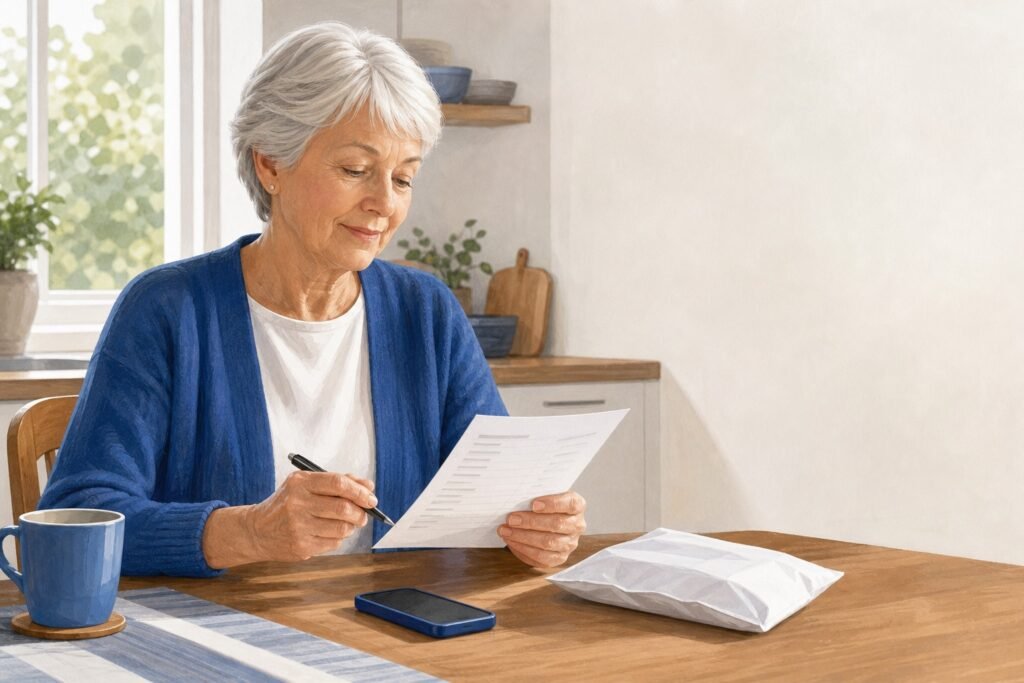 A patient reviewing a repeat prescription at a kitchen table